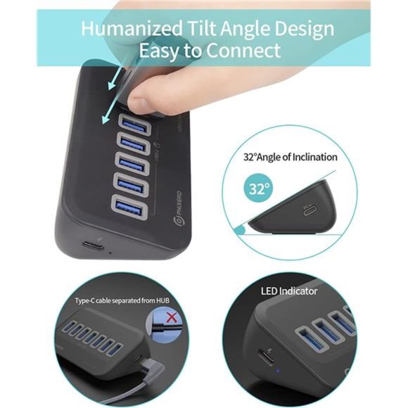 7 Ports USB 3.0 Hub, 5Gbps USB Port Hub w/ a 3.3ft USB A to C Right Angle Cable - Picture 4 of 6